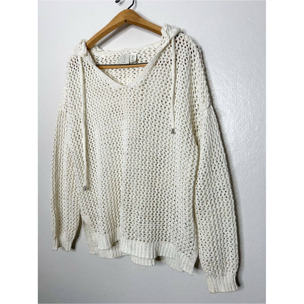Joie Womens Neutral Open Knit Coastal Sparkle Sweater Hooded Sweatshirt Large L - Picture 2 of 6